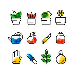 Care of plants. Vector icon set. Outline and color.