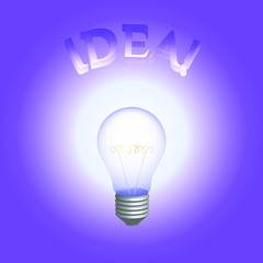 Glowing classic light bulb and the word on top IDEA! on a purple background EPS10