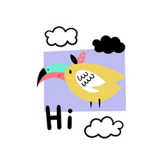 Hi! Vector illustration with tropical bird, Doodle, Scandi, cartoon.