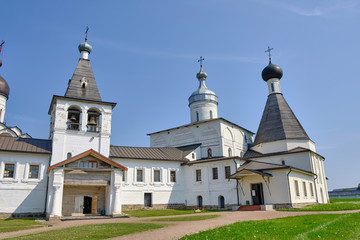 Scenic view of cathedral in old Ferapontov Monastery in Ferapontovo. Beautiful summer sunny look of ancient orthodox temple in center of monastery in Vologodskaya oblast in Russian Federation