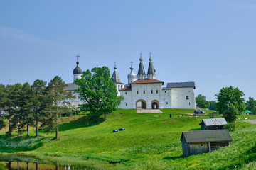 Scenic view of old Ferapontov Monastery  in Ferapontovo. Beautiful summer sunny look of ancient orthodox monastery on hill in Vologodskaya oblast in Russian Federation