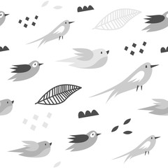 Vector seamless pattern with birds in Scandinavian style. Cute, modern print