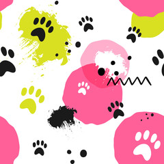 Vector seamless pattern with dog tracks. Abstract background with blots, scuffs.