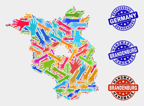 Vector handmade combination of Brandenburg Land map and rubber stamp seals. Mosaic Brandenburg Land map is made with randomized bright colorful hands.