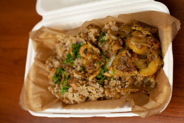 Spicy Eggplant, Mushrooms, Rice and Cilantro Dish