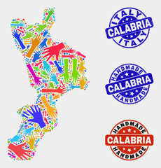 Vector handmade combination of Calabria region map and grunge stamp seals. Mosaic Calabria region map is composed of scattered bright colored hands. Rounded stamp imprints with grunge rubber texture.