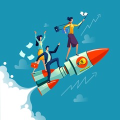 Fototapeta premium Businesswoman flying on rocket on background of sky