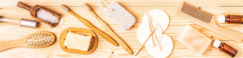 Set of bathroom accessories, top view.
