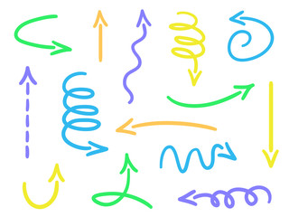Infographic elements on isolated white background. Hand drawn simple arrows. Line art. Set of different pointers. Abstract indicators. Doodles for artwork