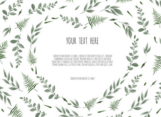 Floral wreath - heart shape. Floral vector frame with branches leaves foliage