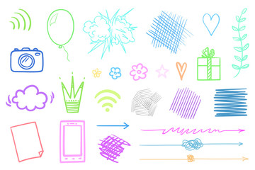 Infographic elements on isolated white background. Hand drawn colored shapes on white. Line art. Set of different signs. Colorful illustration