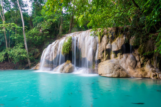 Beautiful waterfall in Erawan waterfall National Park in Kanchanaburi, Thailand © tonefotografia