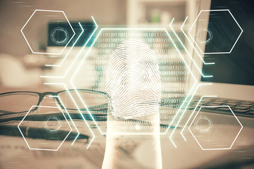 Fingerprint drawing with glasses on the table background. Concept of security. Double exposure.