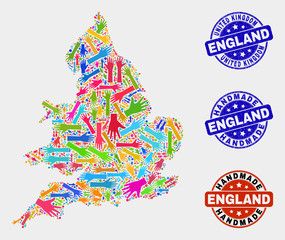 Vector handmade collage of England map and rubber stamp seals. Mosaic England map is done with random bright colored hands. Rounded stamp imprints with unclean rubber texture.