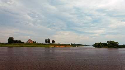 Fototapeta na wymiar Volkhov River in Veliky Novgorod, Russia. Ryurikovo gorodishche