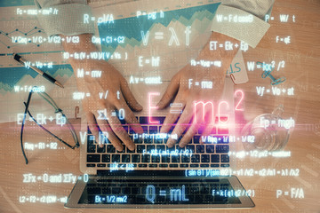 Science formula hologram with man working on computer on background. Education concept. Double...