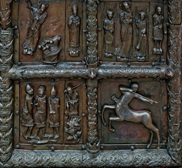 Close-up view of Magdeburg Gates of Sophia Cathedral, Veliky Novgorod, Russia