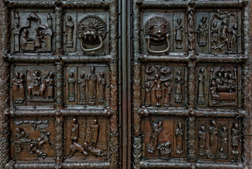 Close-up view of Magdeburg Gates of Sophia Cathedral, Veliky Novgorod, Russia