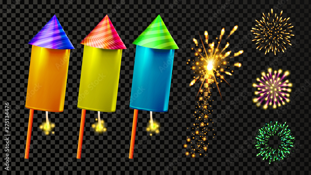 Aufkleber firecracker and festive firework light set vector. collection of colorful firecracker, rocket petard