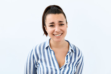 Sarcasm emotion Brunette girl  portrait against white background