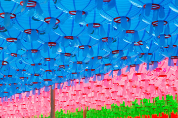 Colorful lanterns in Buddhist temple during lotus festival for celebration Buddha's birthday .
