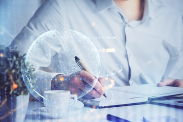 Man with multi exposure global network theme icons.