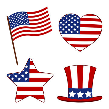 Set heart, a flag, a hat and a star painted in the American flag. Independence day USA