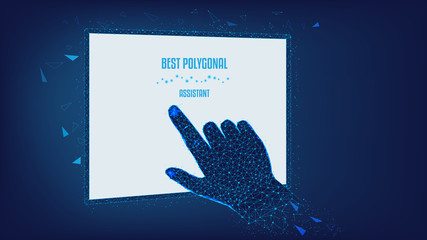 Touch the abstract Tablet.  Polygonal illustration of hand man and tablet from triangles and points. Background of beautiful dark blue night sky. Design for various successful conceptual projects.