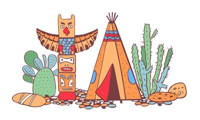 Native American indians traditional settlement. Tipi, totem pole and cactuses. Vector color hand drawn outline doodle sketch illustration © Alexandra