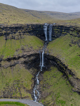 Aerial view of Fossa double-tiered waterfall, Faroe Islands