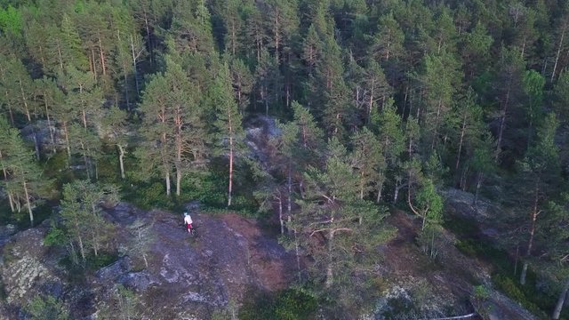 Skilled mountainbiker biking over rocks and roots on drone footage.