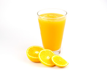 glass of juice and orange isolated on white