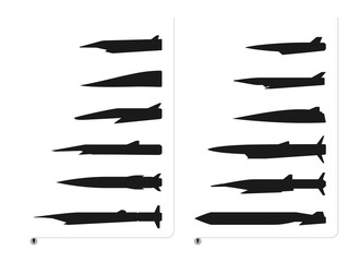 Set of black silhouette hypersonic rockets are isolated on a white background. The set has different forms and size of the rockets.