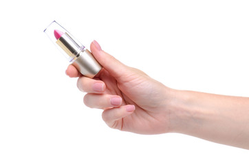Pink lipstick in hand beauty on white background isolation