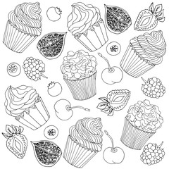 Set of sketch drawn black contour cupcakes decorated with cream, fruits, isolated on white background.
