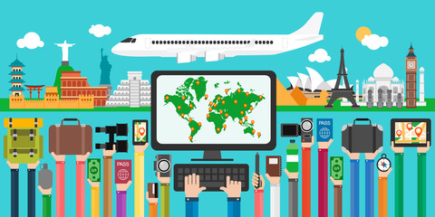 Travel design flat around the world, holidays flights.Vector illustration