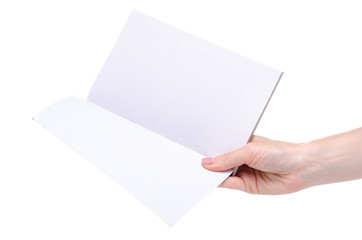 White book in hand onbook, white, isolated, blank, paper, page, empty, notebook, design, holding, reading, background, hand, open, magazine, textbook, copy, space, male, docuwhite background isolation