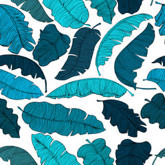 Seamless pattern of exotic banana leaves, randomly scattered and isolated on a transparent background.