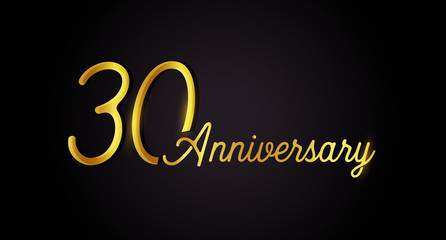 30 anniversary logo concept. 30th years birthday icon. Isolated golden numbers on black background. Vector illustration. EPS10.