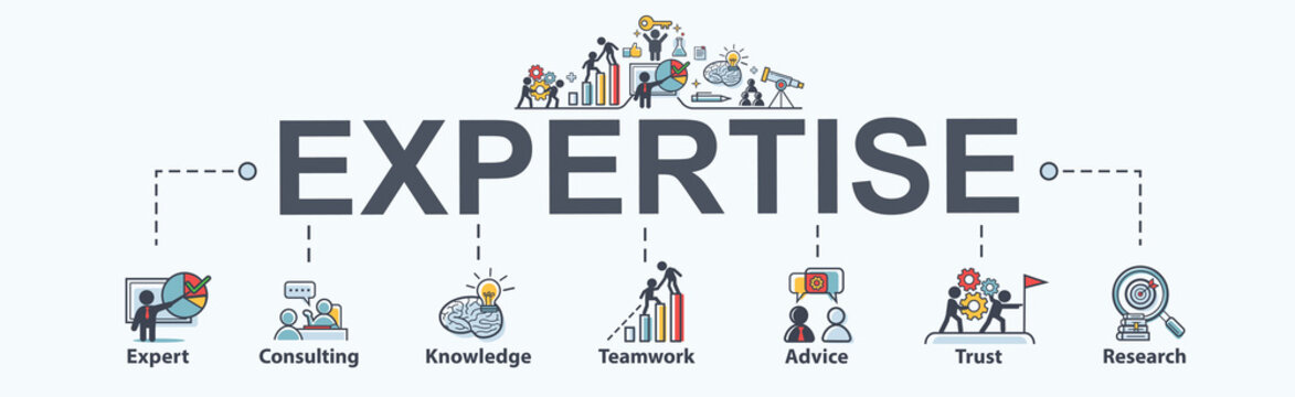 Expertise banner web icon for business, expert, consulting, knowledge, teamwork, advice, trust and research. Minimal vector infographic.