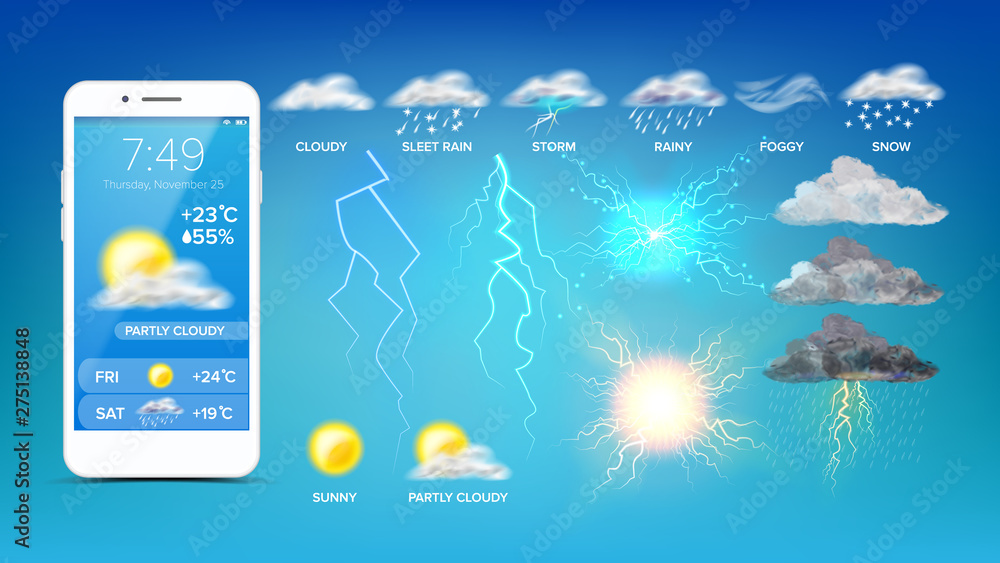 Poster online weather widget on smartphone screen vector. sunny and partly cloudy, sleet rain and storm, fo
