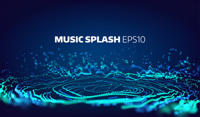 Music and sound splash with ripples background. Particles glitch equalizer information - obrazy, fototapety, plakaty