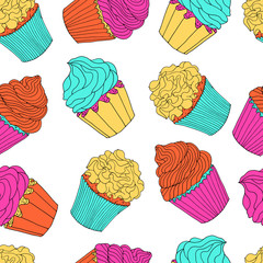 Multicolored cupcakes seamless pattern isolated on transparent background.