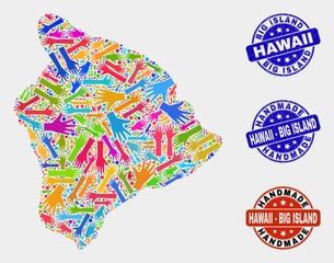 Vector handmade combination of Hawaii Big Island map and rubber stamp seals. Mosaic Hawaii Big Island map is designed of scattered bright colored hands.