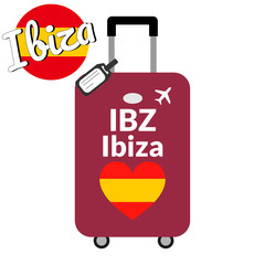 Luggage with airport station code IATA or location identifier and destination city name Ibiza, IBZ. Travel to Spain, Europe concept. Heart shaped flag of the Spain on baggage.
