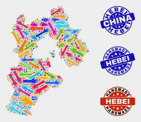 Vector handmade collage of Hebei Province map and grunge stamps. Mosaic Hebei Province map is formed with random bright colorful hands. Rounded watermarks with grunge rubber texture.
