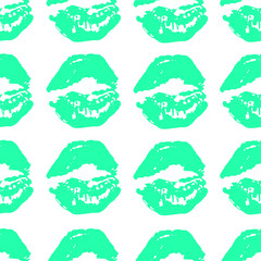 Seamless pattern of lipstick prints on a white background.