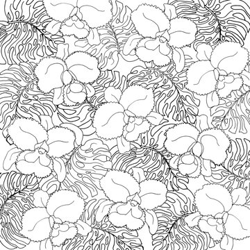 Seamless pattern of exotic white monstera leaves and orchids with black outline.