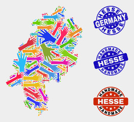 Vector handmade composition of Hesse Land map and unclean watermarks. Mosaic Hesse Land map is formed of scattered bright colorful hands. Rounded watermarks with scratched rubber texture.