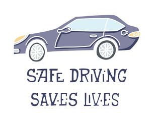 Hand drawn vector car print. Doodle illustration  of an auto with 